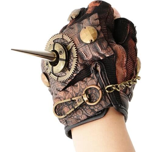 Vintage Gothic Steampunk Gear Deep Brown Leather Short Glove Fingerless