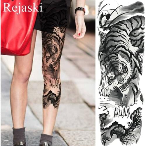 Roar Black Tiger Men Full Arm Temporary Tattoo Stickers Women Body Legs Art Waterproof Tatoos Shoulder Moon Fake Tattoo Branch