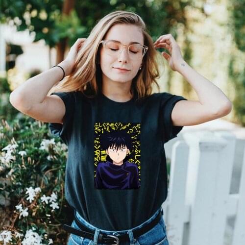 Funny Anime Jujutsu Kaisen Printed Womens T Shirt Kawaii Yuji Itadori Gojo Satoru Graphic Cotton Tops Casual Pure Black Tee
