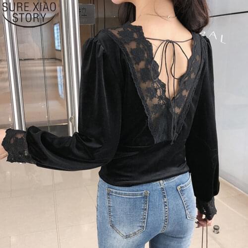 Vintage Pleuche Blouses Women Sexy Lace V-neck Solid Long Sleeve Shirt Korean Office Lady Clothes Women Tops Blusas 10563