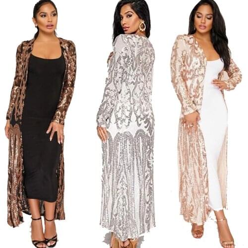 Womens Sequins Open Front Long Sleeve Club Cardigan for Prom Ankle Length Irregular Coat Dresses