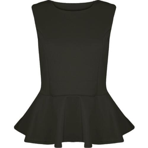 Customized New Fashion Womens Ladies Plain Stretchy Sleeveless Round Neck Pleated Flared Frill Party Peplum Top