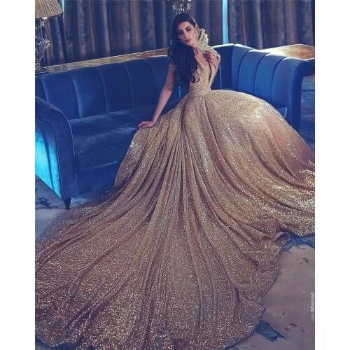 Elegant Gold Sequins Deep V-neck Prom Dresses 2020 Ruffles Evening Gowns Court Train Long Arabic Prom Dress Vestido De Festa