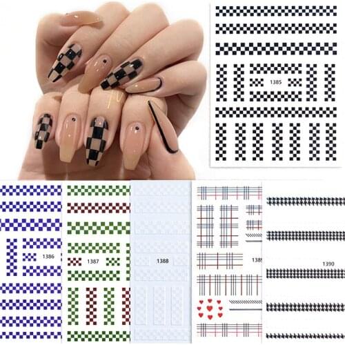 1 Sheet 3D Classic Plaid Series Nail Stickers Black and White Checkerboard Nail Decal Self-adhesive Stripe Nail Art Decorations