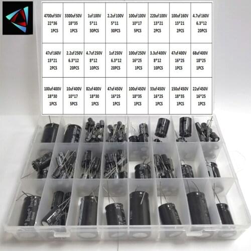 50V4700UF-450V22UF 168Pcs/lot 1UF-4700UF 24Values Aluminum Electrolytic Capacitors 50-4700V mix Assorted kit and storage box