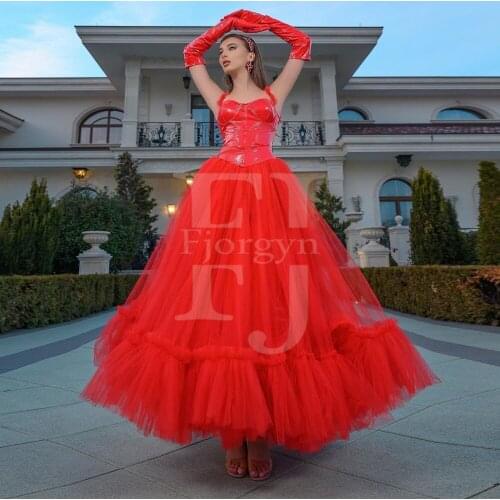 Spaghetti A-Line Ball Gown Prom Party Dresses Sweetheart Corset Leather Top Tulle Dress Custom Made Tiered Formal Evening Gowns
