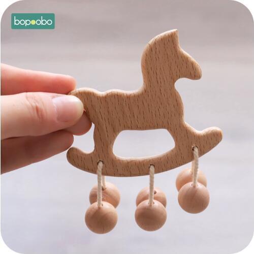 Bopoobo 1PCS Wooden Teether Beads Infant Newborn Organic Wood Rattle Lovely Cartoon Girl DIY Pendant Toys Nursing Beech Teething