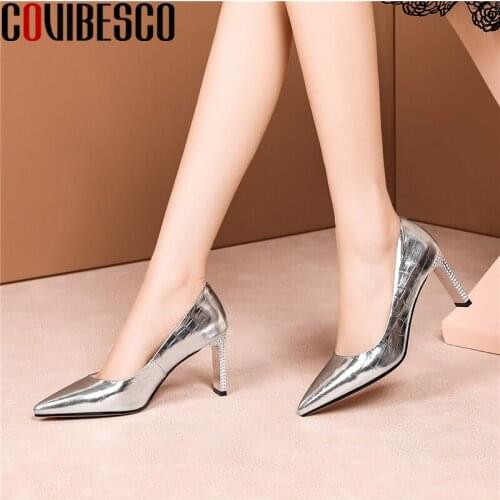COVIBESCO Women Pumps Pointed Toe Genuine Leather Spring Summer Rhinestone Thick Heels Shoes Woman Party Office Fashion Sexy