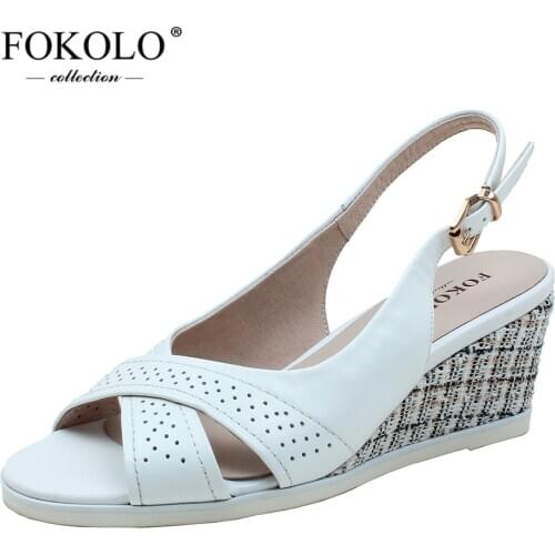 FOKOLO Fashion Wedges Shoes for Women Summer Genuine Leather High Heel Sandals New Soft Breathable Solid Color Womens Shoes L26
