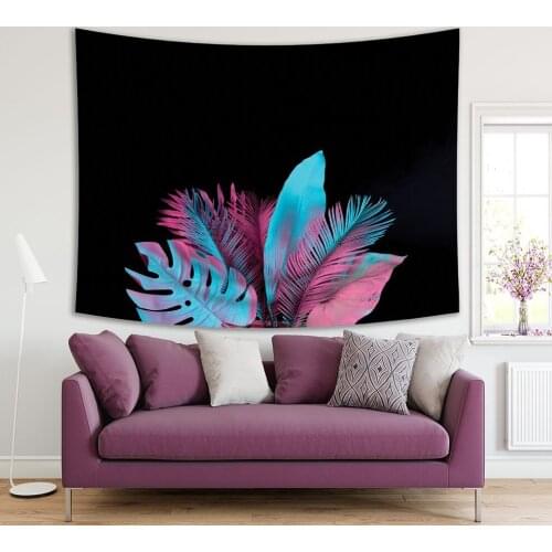 Tapestry Painted Tropical Palm Leaves on Black Background Surrealism Art Pink Aqua