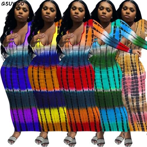 GSUWOO Sexy Rib Knit Tie Dye Print Long Sleeve Deep V Neck Party Club Maxi Long Dress Women 2021 Autumn Dresses Outfit Vestidos