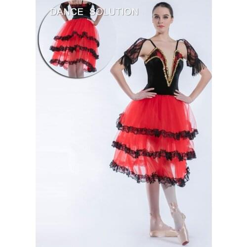 Spanish Romantic Ballet Tutu with Black Velvet Bodice and Tulle Skirt Women & Girl Stage Dance Costumes Practice Dancewear 19023