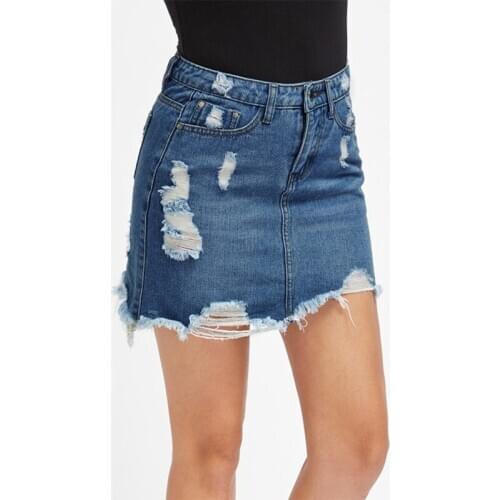 Summer Solid Hole Tassel Denim Blue Sexy Women Mini Skirts Loose Elegant A-Line Skirts Pockets Female Pencil Skirts Plus Size