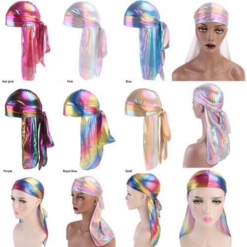 Hot Men Women Skullies Silk Laser Polyester Bandana Hat Durag Rag Tail Headwrap Headwear Gift Beanies