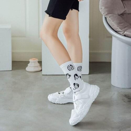 Janpanese Style Cartoon Illustration Cotton Socks For Unisex Cute Breathable Crew Socks Harajuku Black White Skateboard Soxs