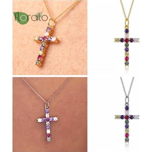 925 Sterling Silver Colorful Crystal Necklace Chain Joyero Women Punk Cross Pendant Necklace Fashion Jewelry Adjustable 38-42CM