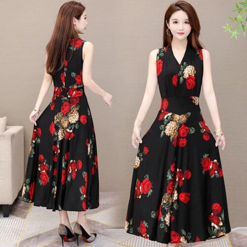 Sleeveless Dress Female 2021 Summer New Fashion V-neck Printed Dress Middle-aged Mother Plus size Elegant Slim Long Dresses