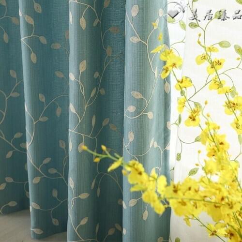 Pastoral Style Leaf Embroidered Semi-blackout Curtains for Living Room Bedroom Study Advanced Embroidered Curtain Tulle Custom