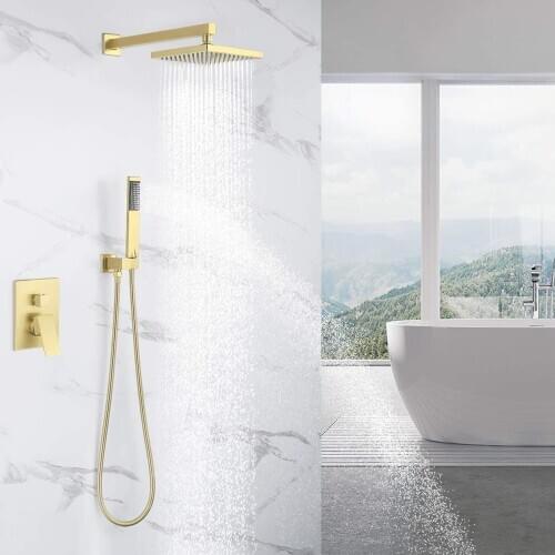 Shower System Brushed Brass Finish Bathroom Rainfall Shower Head Rain Mixer Shower Combo Set Modern Square Wall Mount