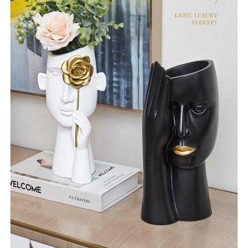NORDIC CREATIVE RESIN FACE CHARACTER VASE+FAKE FLOWER ART HOME LIVINGROOM ACCESSORIES CRAFTS COFFE TABLE FIGURINES DECORATION
