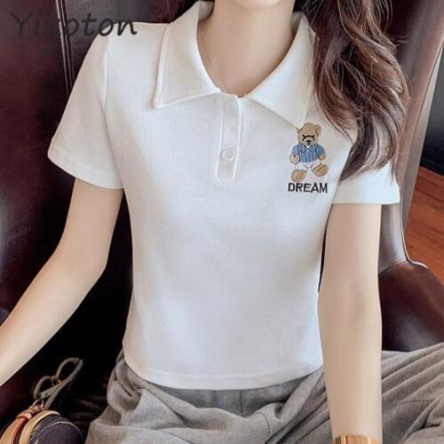 2021 Summer Women Tshirt Cotton Solid White Camiseta Femenina Turndown Collar Short Sleeve Casual Tops Embroidery Bear Female