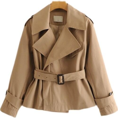 Women Korean British Style Loose Waist Belt Short Windbreaker Jacket Female Casual Wild Loose Trench Coat NS2648