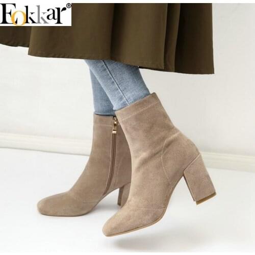 Eokkar 2020 Chick Heels Elastic Stretch Women Ankle Boots Square Toe Kid Suede Black Booties Zipper Med Heels Boots Size 34-43