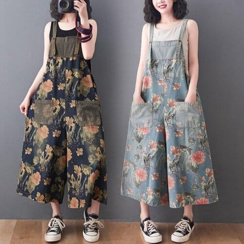 Vintage Printed Denim Jumpsuit Overalls Women Summer 2021 New Large Size Sling Wide Leg Pants Casual Loose Crop Trousers M10