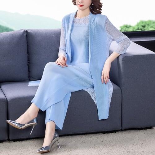 2021 miyak pleated new three-piece suits women pleated Loose fashion long Lace stitching cardigan + vest + wide leg pants sets