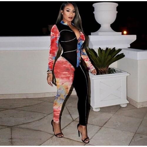Leopard Tie Dye Print Rompers Womens Jumpsuit Zipper Front Long Sleeve Skinny Overalls Sexy Bright Line Decoretion Bodysuits