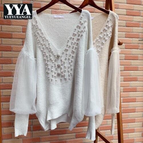 2021 Autumn Winter New V-Neck Pullover Puff Sleeve Long Sleeve Womens Casual Solid Elegant Sweater Jackets Korean Style