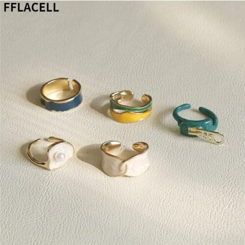 2021 Vintage Simple Pearl Metal Handmade Enamel Ring Irregular Geometric Twisted Hollow Open Rings for Women Jewelry