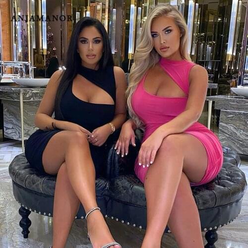 ANJAMANOR Sexy Hollow Out Sleeveless Bandage Mini Dress Sexy Outfit Club Wear Stretch Ruched Bodycon Dresses Summer 2021 D76BD20