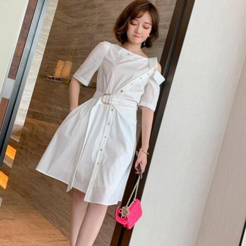 Off-shoulder lapel pleated belt high waist shirt dress for women Solid color Short sleeve elegant office dresses ladies