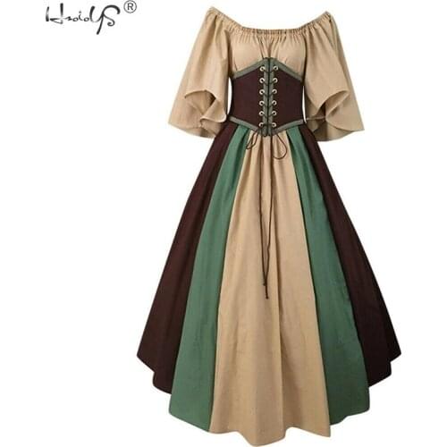 Women Vintage Medieval Dress Square Neck Lace Long Sleeve Dress Halloween Cosplay Costume Dress