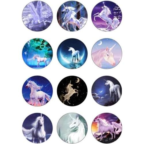 10mm 14mm 16mm 12mm 20mm 25mm 357 12pcs/lot Unicorn Glass Cabochons Jewelry Findings 18mm Snap Button Charm Bracelet