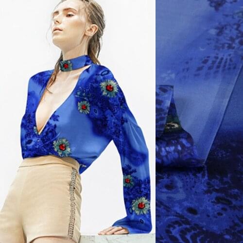 114CM Wide 16.5MM Print Blue Silk Crepe Satin Plain Fabric for Summer Dress Shirt Clothes Cheongsam D847