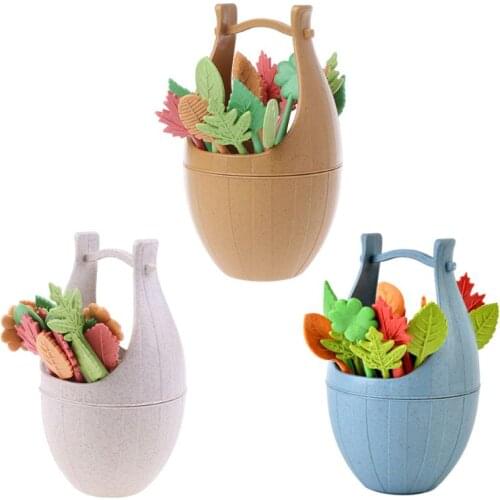 16Pcs/Set Nordic Style Wheat Straw Barrel Leaves Fruit Fork Lunch Cake Dessert Picks Skewers Sandwich Toothpick Wedding