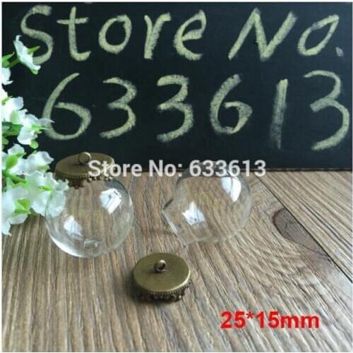 500sets/lot 25*15mm diy Glass Globe bronze Crown with ring Pendant Locket Charm wide opening glass Bottle, glass vials pendeants