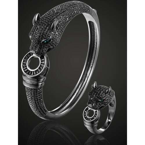 Zlxgirl jewelry Jet Cubic Zircon Leopard Animal Bridal Bangle Jewelry Europe Design Copper Bracelet Womens size Bracelet&bangle
