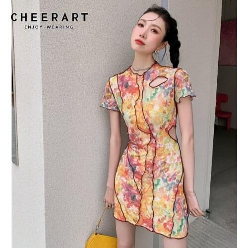 CHEERART Y2k Tie Dye Mesh Bodycon Frill Dress Hollow Out Stretchy Short Sleeve Summer Mini Dress 2021 Designer High Fashion