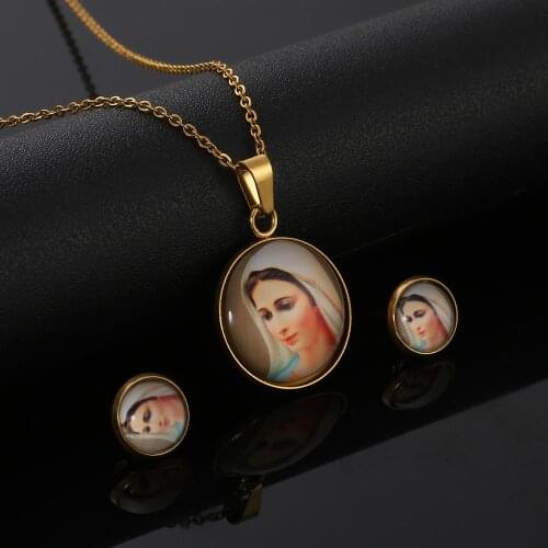 Gold Color Virgin Mary Pendant Necklace Earrings Bijoux Statement Women Fashion Catholic Jewelry Set
