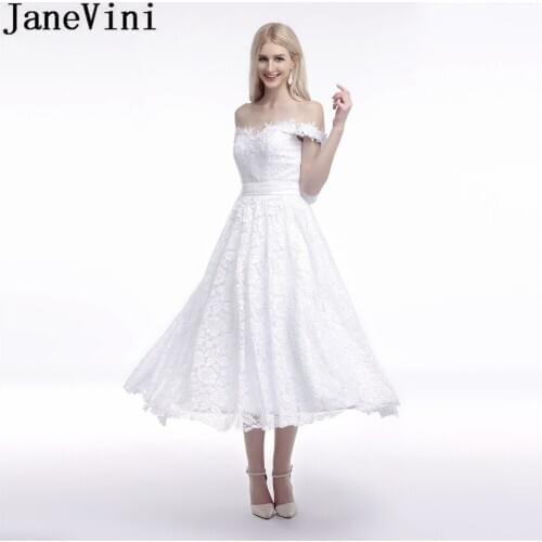 JaneVini A Line Tea Length Wedding Dress Lace 2019 Off Shoulder Mid-length Bride Dresses White Button Back Beach Wedding Gowns