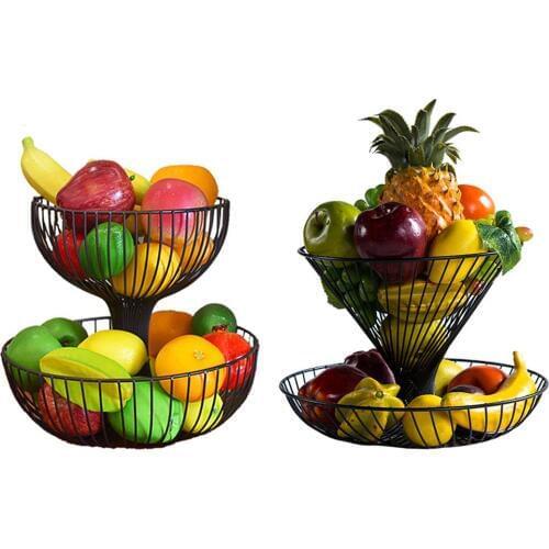 2020 New Wrought Iron Double Layer Fruit Basket Metal Fruit Basket Iron Storage Basket Tray For Snack Fruit