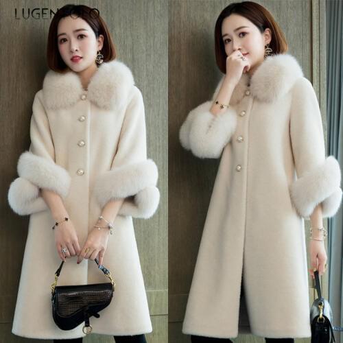 Lugentolo Faux Fur Long Coat Autumn Winter Solid Loose Imitation Fox Fur Collar Cashmere Granules Single Breasted Faux Fur Coat