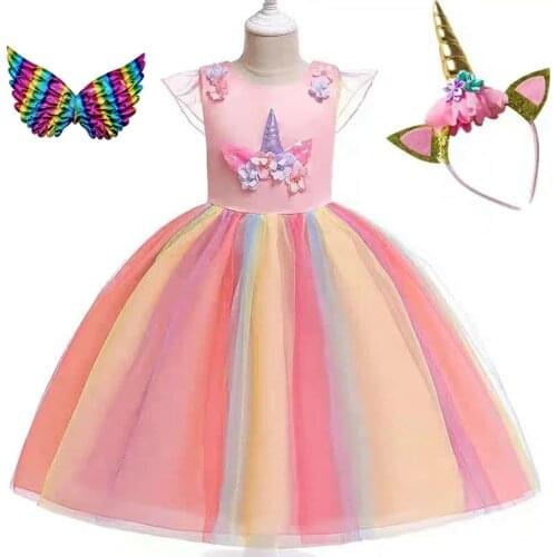 Girls in Unicorn Dresses Picture Rainbow Childrens Dresses Childrens Girls'Dresses Christmas Halloween Role-playing Dresses