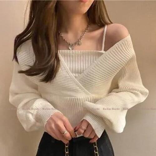 Pullover Knitted Party Bow Tie Long Sleeve Female Spring Fall Clothing Design Feeling Small Sling Sweater Fake Two Women Sexy