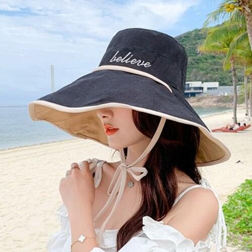 SILOQIN 2021 Summer Womens Cotton Bucket Hats Oversized Brim Sun Protection Anti-UV Beach Hat Foldable Elegant Lady Travel Cap