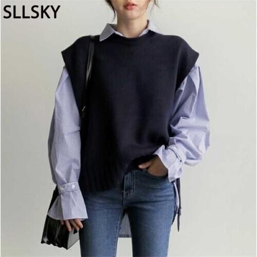 Sllsky Side Slit Straps Women Sweater Vest 2020 Autumn Oversize Vintage V-Neck Sleeveless Pullover Knitted Casual Sweater Vest