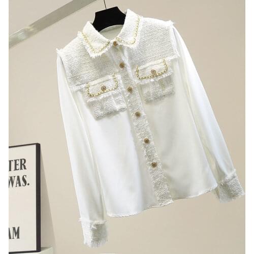 Tweed women oversize shirt 2021 Chain chiffon stitching small fragrance shirt women long sleeve bottom shirt